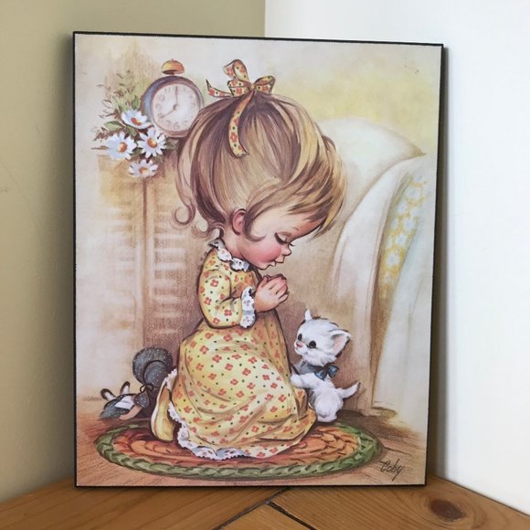 Girl Praying with Kitten Art Print by Coby Vintage Rokan Kanmount Wood Plaque - Picture 1 of 6